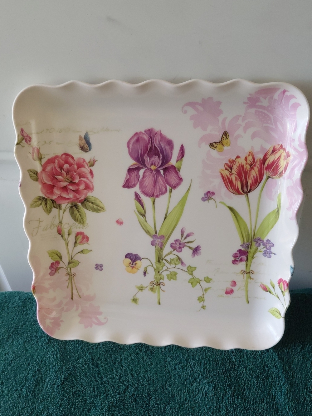 Floral Square Serving Platter with Pink and Purple Blooms Melamine